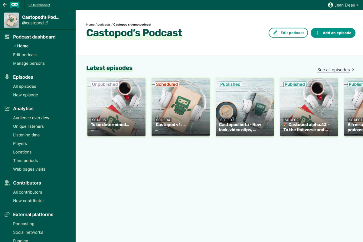 Castopod's admin area to manage your podcasts and episodes.
